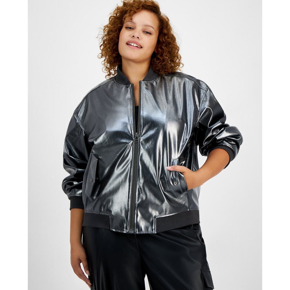 Bar III Silver Foil Faux Leather Bomber Jacket 3X Metallic futuristic Disco NWT